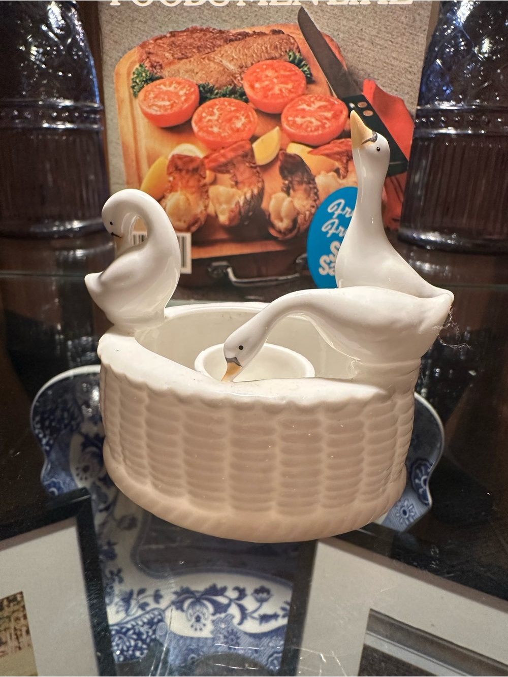 Vintage White Bone China Swan Tapered Candle Holder with Nesting Swans/Geese
